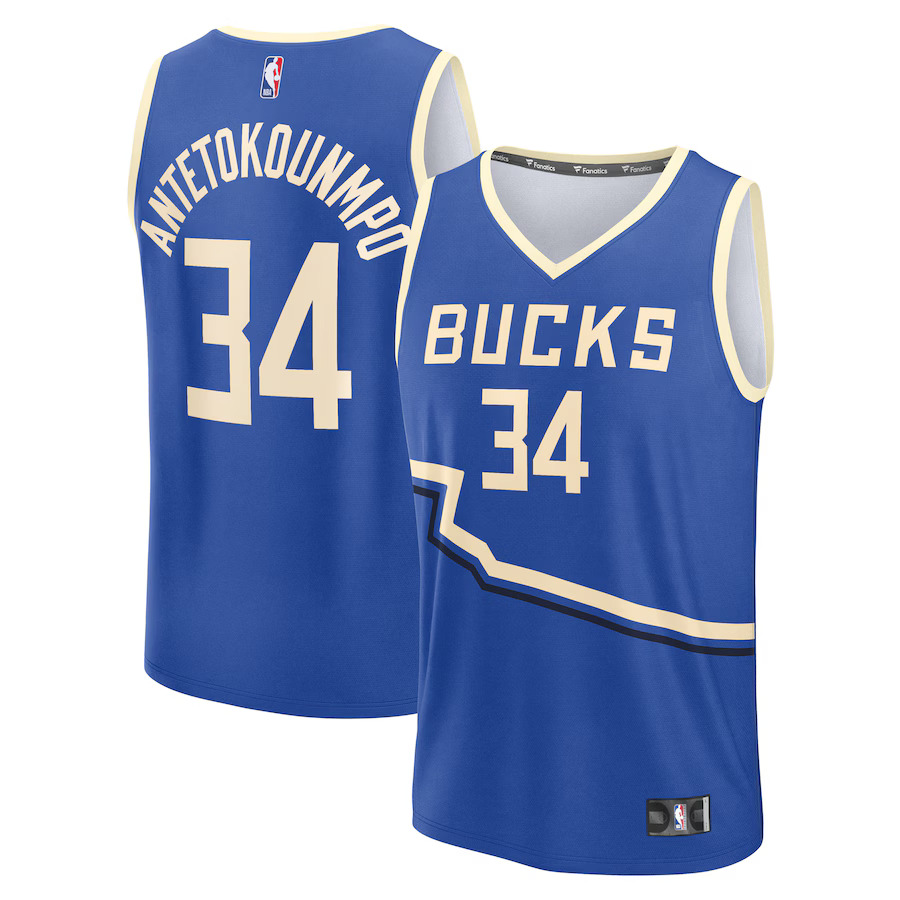 Men Milwaukee Bucks #34 Giannis Antetokounmpo Fanatics Royal City Edition 2024-25 Fast Break Player NBA Jersey